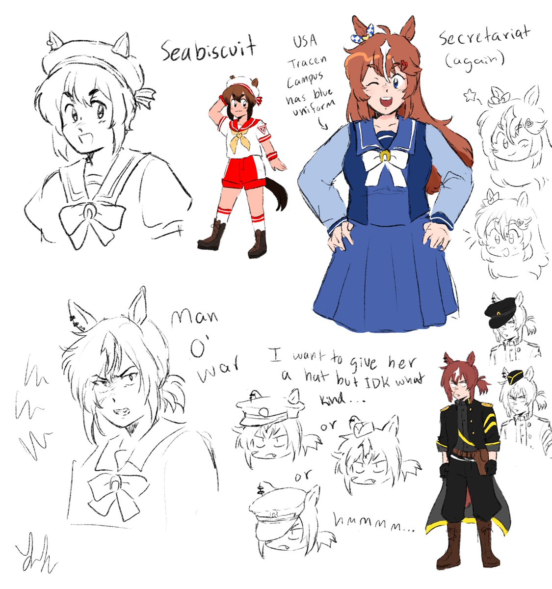 drew my secretariat uma design again and also some ideas for seabiscuit and man o' war umas 🤔 if any horse experts wanna weigh in on the designs, feel free to let me know ur thoughts/suggestions! #umamusume 