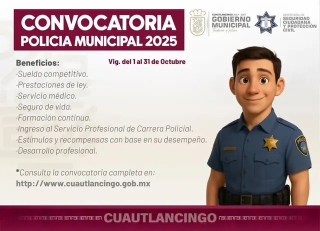 👮‍♀️| El <a href="/CuautlancinGob/">Gobierno de Cuautlancingo</a>  abrió la convocatoria para nuevo personal de seguridad pública, del 1 al 31 de octubre, buscando ciudadanos comprometidos con la vigilancia, prevención y protección civil.
#Cuautlancingo #SeguridadPública #elinstantenoticias