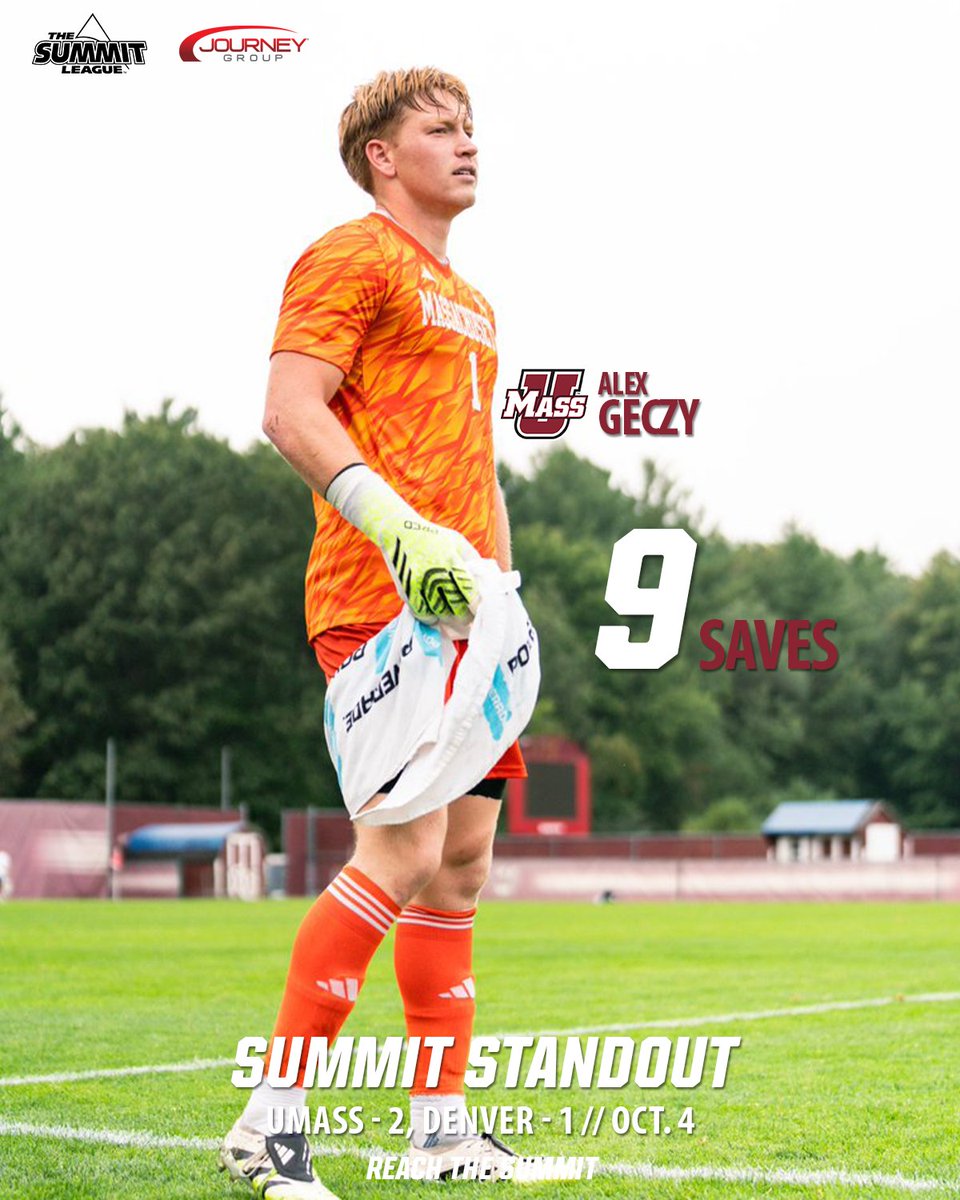 TheSummitLeague's tweet photo. A brick wall in net 🧱

@UMassMSoccer's  Alex Geczy earns this week’s Summit Standout, presented by @sfjourneygroup 👏

#ReachTheSummit x #SummitMSOC https://t.co/JBbm3qVUXw