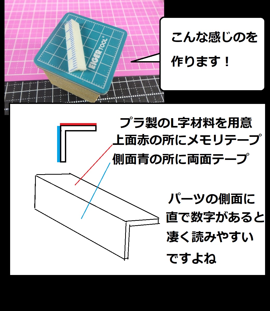 n_blood7's tweet image. #L字定規
あくまでも個人的に重宝してる道具
タミヤでもエバグリでもいいので
プラ製のL字材料を活用してます
よく困るのが普通の定規だと
「持ったまま作業が出来ない」
「メモリテープをパーツ側面に
貼ると読み取りずらい」