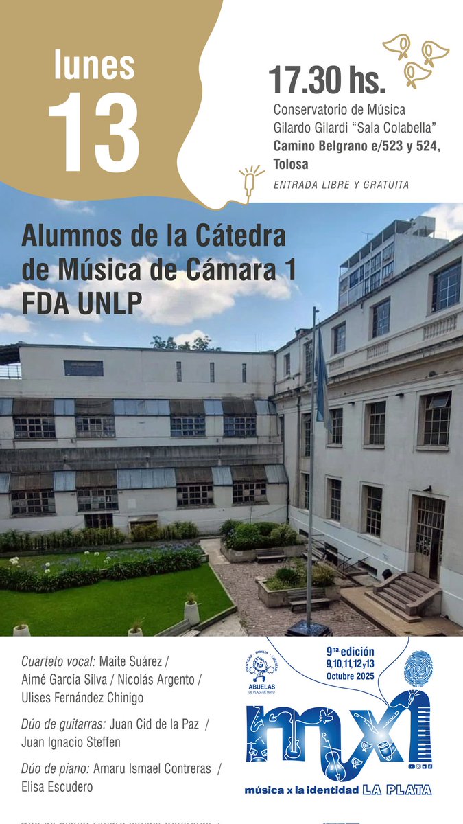 mxilaplata's tweet photo. Estudiantes de la Facultad de Artes UNLP

📆 Lunes 13 de octubre de 2025
🕗 17.30 horas
📍 Sala Colabella del Conservatorio “Gilardo Gilardi”  - Camino Belgrano e/ 523 y 524 – Edificio Servente

La entrada es libre y gratuita https://t.co/y5vKus5CXj