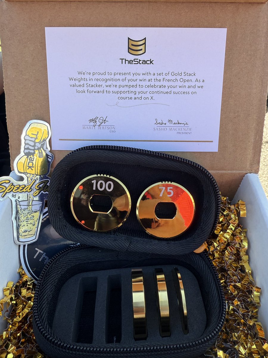 Mike_kim714's tweet image. Thanks to the @TheStackSystem for sending me these gold weights for winning the French open haha. It’s one of the few tools in golf that can help almost every golfer imo.
