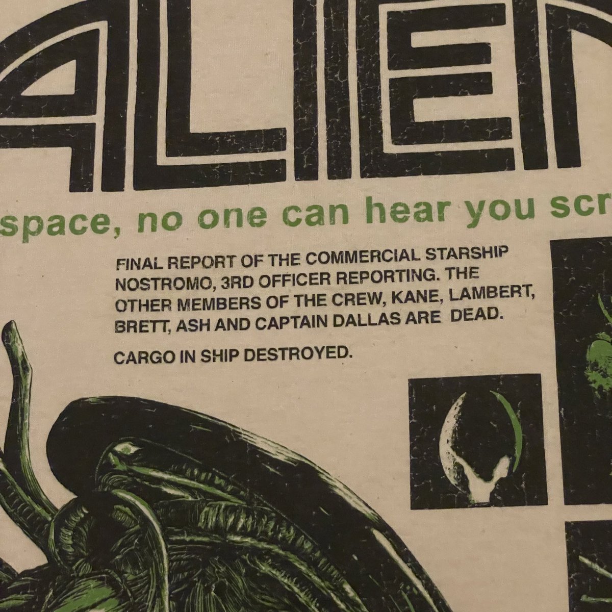 thejoeywolf's tweet photo. @HotTopic @20thcentury got this shirt, thought it was cool, then I got it home and there’s 2 big typos. 1, Parker is omitted from the crew. 2, “cargo AND ship destroyed” is the correct line. Does no one proofread, before approving and sending to production, licensed merch? https://t.co/oq8eArVCTL