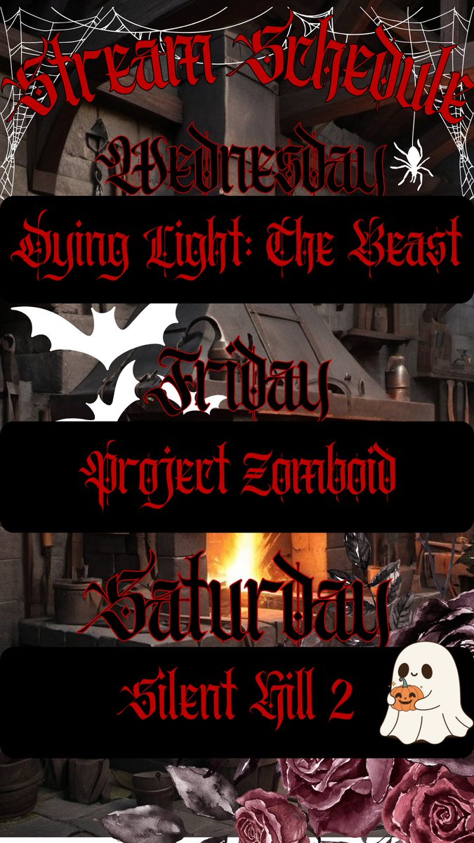 Stream schedule for this week! Remember times will be at 8 pm eastern! Can't wait to see you all there!