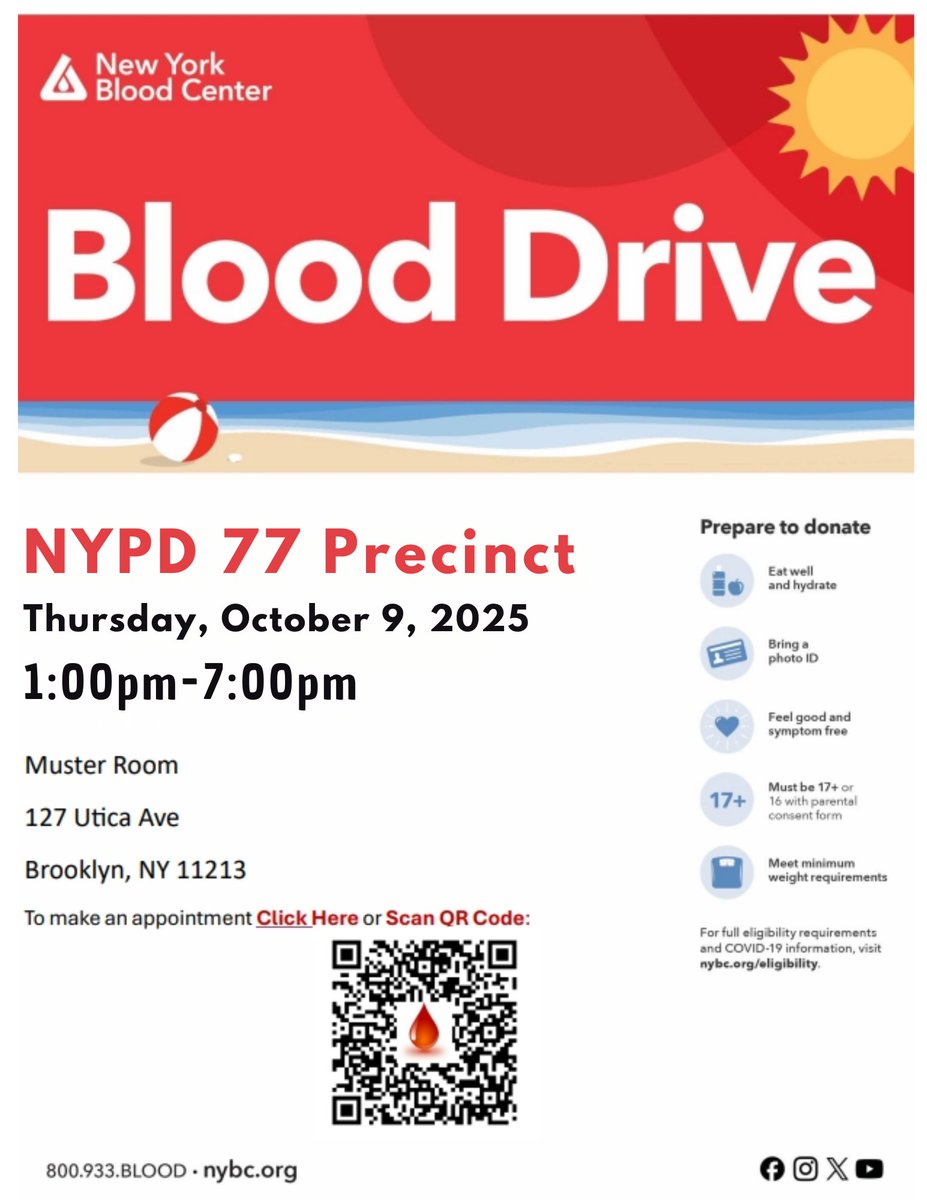 Stop by the 77th Precinct on Thursday, October 9, as we continue to partner with @New York Blood Center.