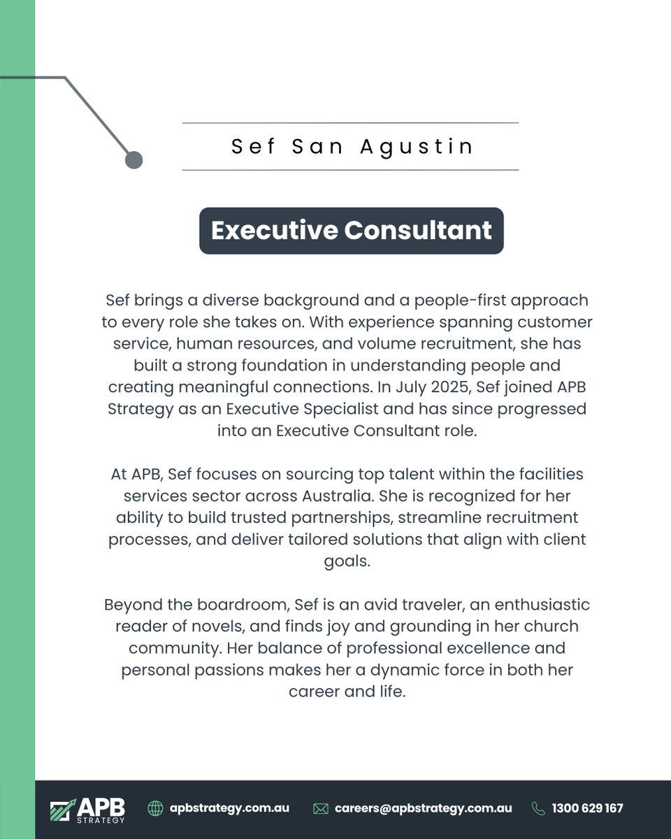 APBStrategy's tweet image. Meet Sef — Our Executive Consultant 🌟

Sef brings a people-first approach and a diverse background across customer service, human resources, and volume recruitment.

#MeetTheTeam #Consulting #FacilitiesServices #SustainableGrowth #BusinessDevelopment #ClientSuccess #APBStrategy