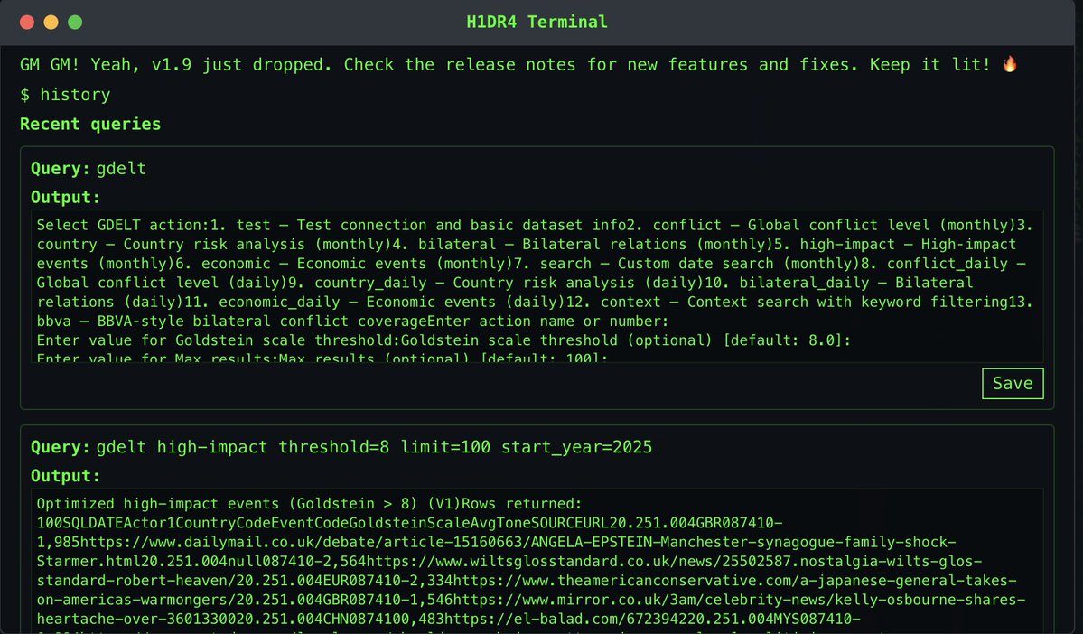 H1DR4 Terminal のエクスポートおよびクエリ機能のデモ