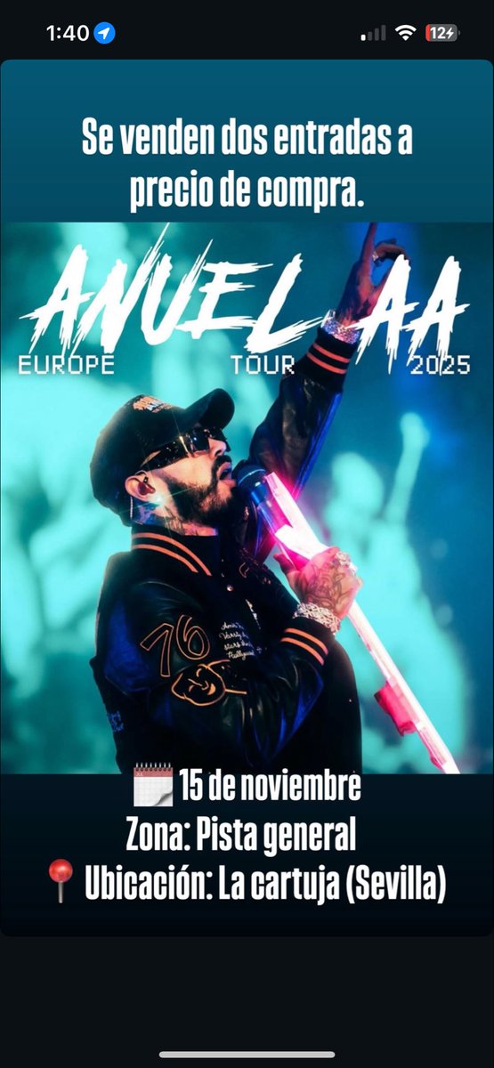 Luis Gallego Cortes (@luissgaallego) on Twitter photo ‼️🚨SE VENDEN DOS ENTRADAS PISTA GENERAL A PRECIO DE VENTA
🎤ANUEL
📆15 NOVIEMBRE 2025
📍SEVILLA, LA CARTUJA 🏟️
<a href="/albertopozo10_/">Albertopozo🤪</a> <a href="/luissgaallego/">Luis Gallego Cortes</a> ‼️🚨SE VENDEN DOS ENTRADAS PISTA GENERAL A PRECIO DE VENTA
🎤ANUEL
📆15 NOVIEMBRE 2025
📍SEVILLA, LA CARTUJA 🏟️
<a href="/albertopozo10_/">Albertopozo🤪</a> <a href="/luissgaallego/">Luis Gallego Cortes</a>