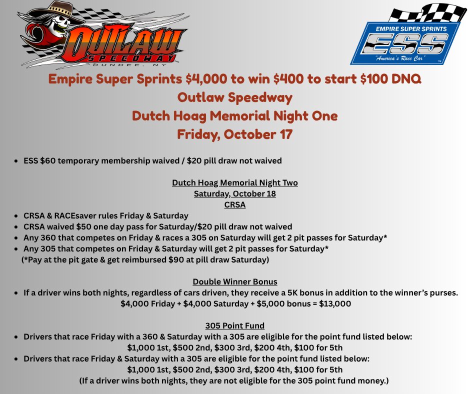 Empire Super Sprints (@essprints) on Twitter photo ESS' last race is Friday, October 17 at
<a href="/OutlawSpeedPR/">Outlaw Speedway</a> . Here's the unique opportunities and bonuses for 360 & 305 sprint car drivers during that Dutch Hoag Memorial weekend ESS' last race is Friday, October 17 at
<a href="/OutlawSpeedPR/">Outlaw Speedway</a> . Here's the unique opportunities and bonuses for 360 & 305 sprint car drivers during that Dutch Hoag Memorial weekend