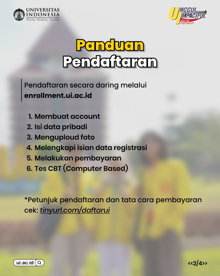 SIMAK_UI's tweet image. Pendaftaran SIMAK UI Pascasarjana (Profesi, Spesialis, S2, S3) telah dibuka! 🎓

Swipe lebih lanjut untuk melihat pilihan jurusan, jadwal penting, dan panduan pendaftaran. Yuk langsung daftar di enrollment.ui.ac.id🧑‍💻

Pendaftaran: 22 September-20 Oktober
Ujian CBT: 2 November