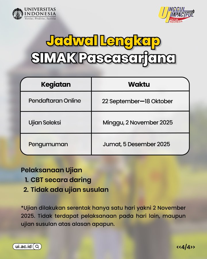 SIMAK_UI's tweet image. Pendaftaran SIMAK UI Pascasarjana (Profesi, Spesialis, S2, S3) telah dibuka! 🎓

Swipe lebih lanjut untuk melihat pilihan jurusan, jadwal penting, dan panduan pendaftaran. Yuk langsung daftar di enrollment.ui.ac.id🧑‍💻

Pendaftaran: 22 September-20 Oktober
Ujian CBT: 2 November