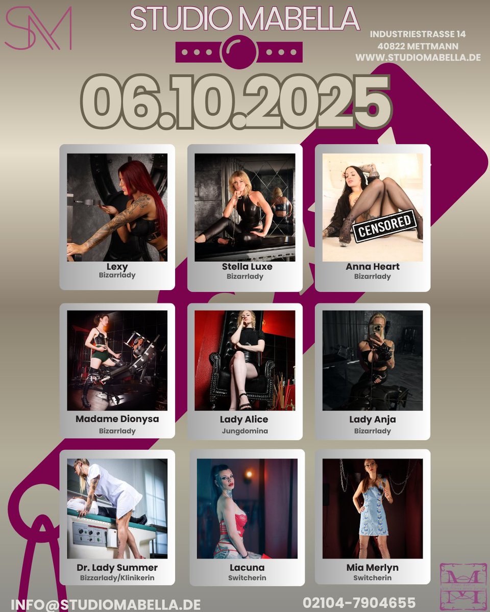 Heute im <a href="/MabellaStudio/">BDSM Studio Mabella</a> wird es richtig Kinky – die Ladies sind durchdringender als
deine Lieblingspeitsche! 🔥

Komm vorbei und lass dich mal so richtig aus der Reserve locken! 😈 
studiomabella.de
021047907655
info@studiomabella.de

#bdsm #kinky  #femdom #bizarr #domina