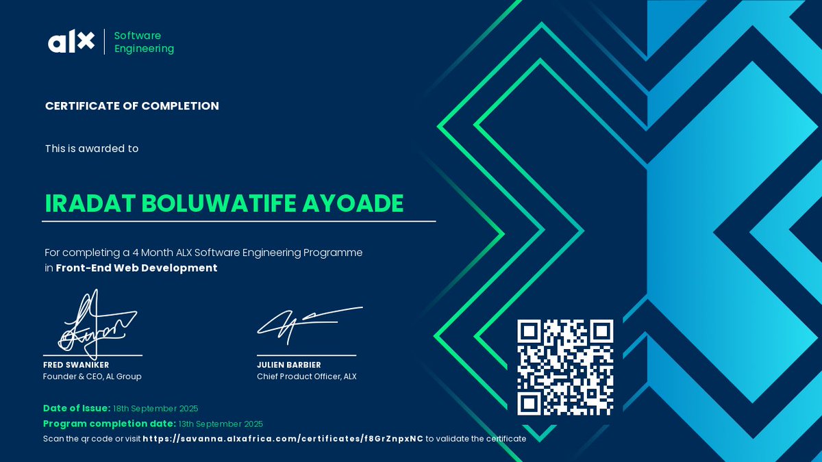 smart_tife's tweet image. 🚀 Just earned my Frontend Developer Certification!
Grateful for the growth, late nights, and lessons learned.
Excited for what’s next — open to internships, collaborations, and junior roles!
#FrontendDeveloper #WebDev #JavaScript #React #ALX #OpenToWork