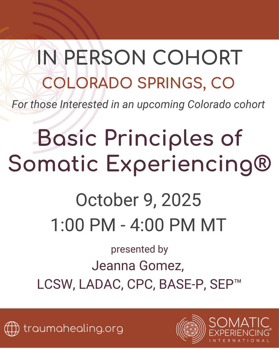 Somatic_Exp_Int's tweet image. 📝 Sign up by clicking here traumahealing.org/BasicsCOSpring…
Discover the transformative ability of Somatic Experiencing®.
#SomaticExperiencing #TraumaHealing #ProfessionalTraining #SEBasics #ColoradoSprings #MentalHealthProfessionals