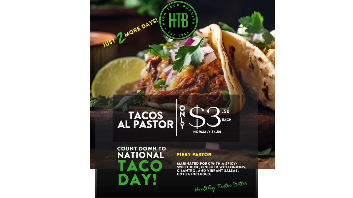 HighTechBurrito's tweet photo. Evening deal 🌶️  Al Pastor tacos $3.50 each! https://t.co/Rog7ntcq9q