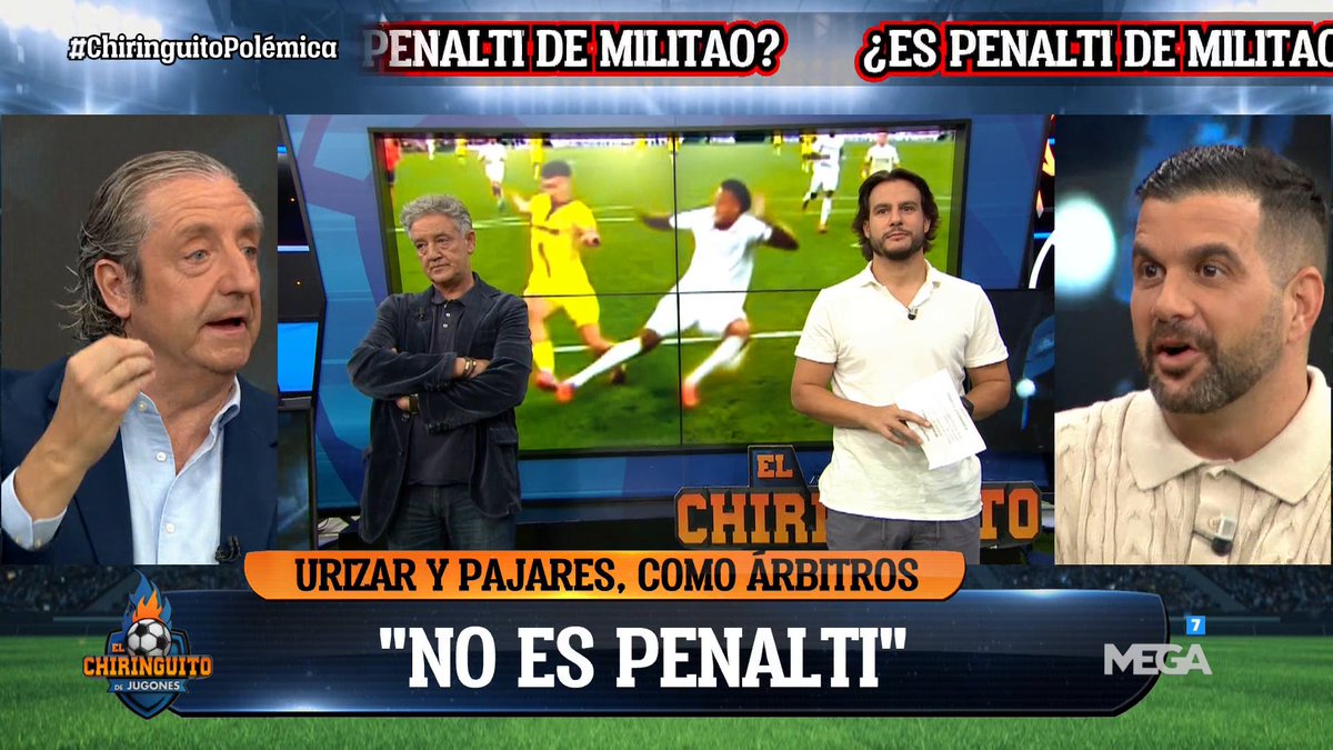 ✅ <a href="/JuanfeSanzPerez/">Juanfe Sanz</a>: "ES PENALTI".
✅ <a href="/LaLigaDeRafa/">Rafa Guerrero ★🟥🟨🤷🏻‍♂️</a>: "ES PENALTI".
❌ Urizar Azpitarte: "NO ES PENALTI".
❌ Pajares Paz: "NO ES PENALTI"
❌ <a href="/cristobalsoria/">Cristóbal Soria</a>: "NO ES PENALTI".

La entrada de Militao sobre Mikautadze, a análisis. #ChiringuitoPolémica