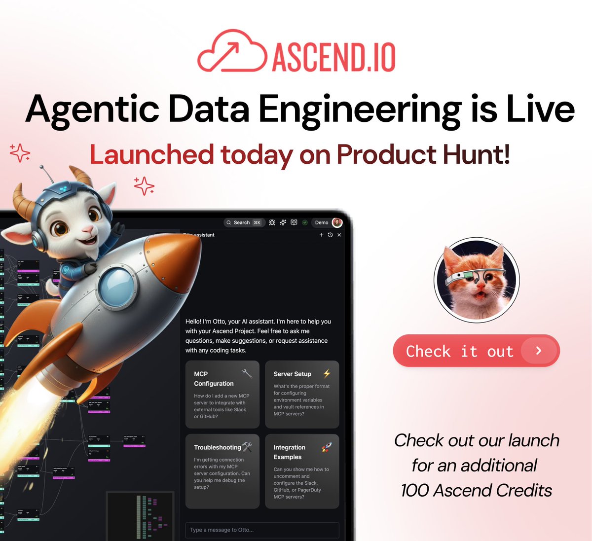 🚀#Agentic Data Engineering is LIVE! ⚡

Meet Otto, the agent making #DataEngineering  delightful.

With Otto, data teams:
🤖 Build &amp; debug faster
🧠 Automate repetitive tasks
🪄 Create custom #agents

We just launched on <a href="/ProductHunt/">Product Hunt 😸</a> 🎉

Check it out: producthunt.com/products/ascen…