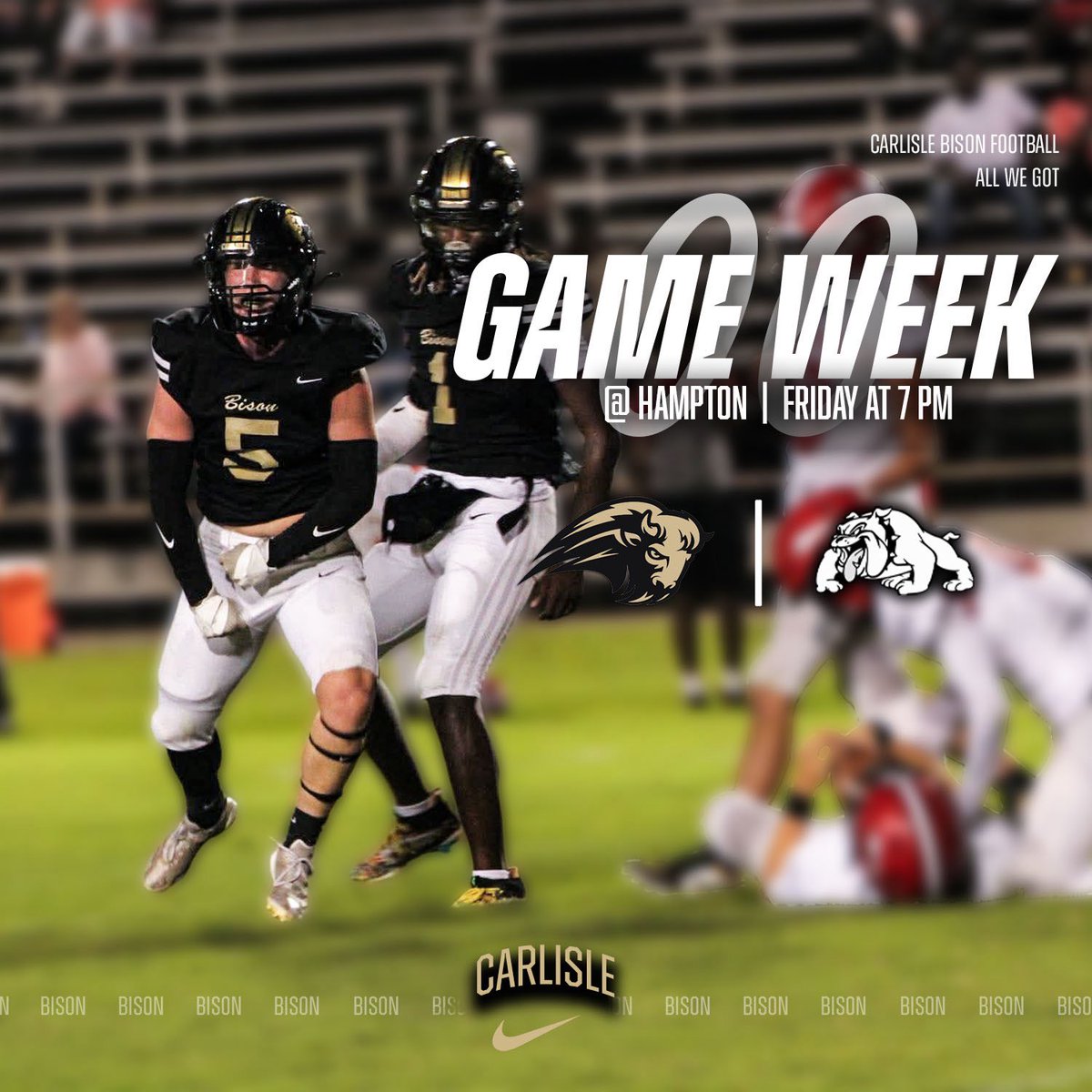 chsbisonfb's tweet image. GAME 6
Top Ten Matchup 
🆚: #7 Hampton
📆: October 10th
📍: Bulldog Stadium
⏰: 7:00 pm
#CarlisleBison | #AllWeGot