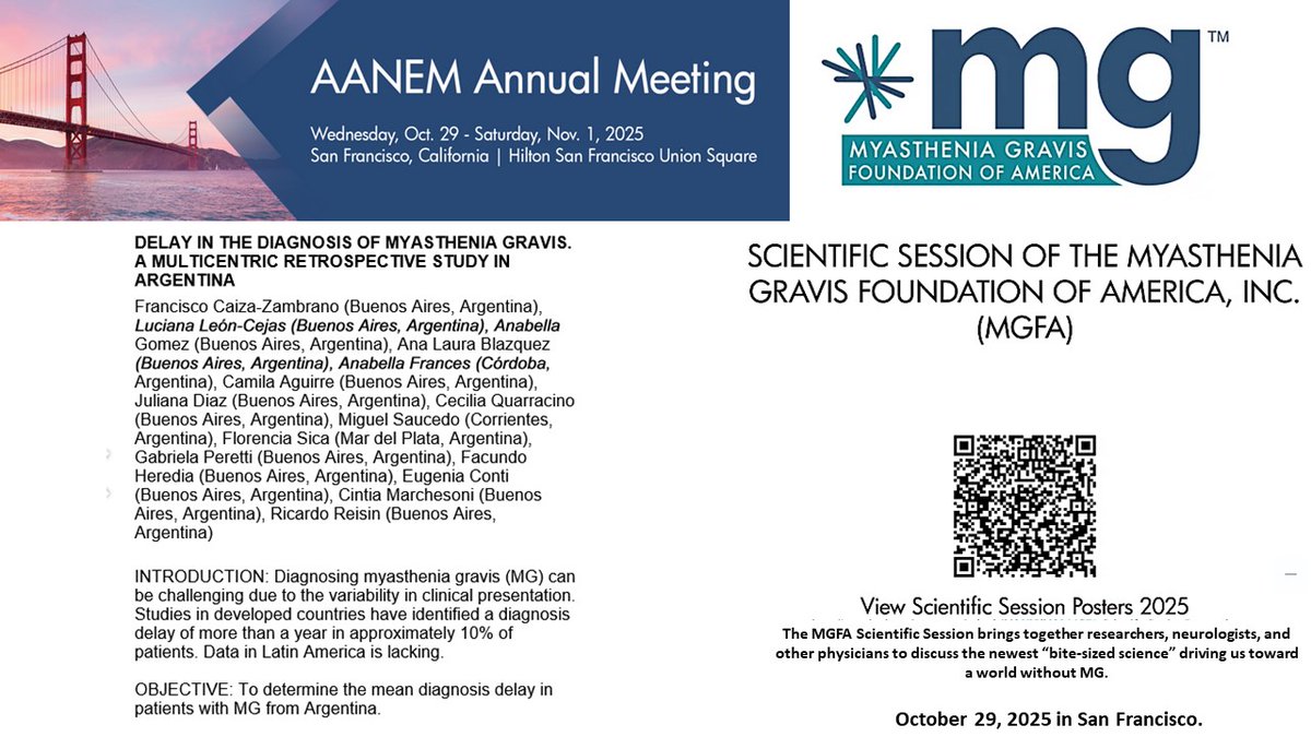 Proud to announce our presence at the AANEM annual meeting in San Francisco.
At the Myasthenia Gravis Foundation of America scientific session,
we will present the results of the MIGRAR registry in Argentina.
See you in San Francisco!
#AANEM #MGFA <a href="/AANEMorg/">AANEM</a> #MyastheniaGravis