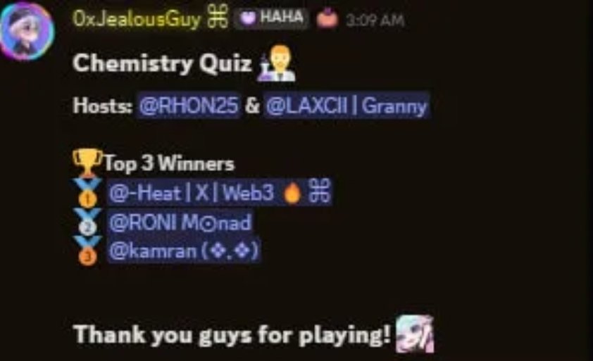 rhon255's tweet image. Shout out to all our participants earlier this morning! Huge thanks to everyone who engaged and interacted with us live..We truly appreciate it! To my partner boss @Laxc_ii  and to my NPC @BettercallSol00  Thank you so much!

@haha_app 
@sugar_6378 
#5thEvent
#CHEMISTRYQUIZ