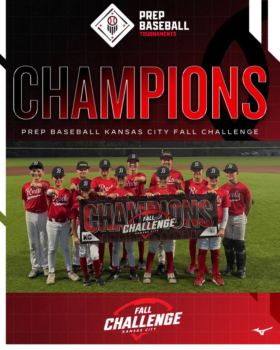 PBTKansasCity's tweet photo. 🏆CHAMPIONS🏆

Congratulations to the 2025 Prep Baseball Kansas City Fall Challenge 12U D1/D2 Champions, BPC - Reds!!!    

#PrepBaseballKC | #FallChallenge25 https://t.co/iY90M5zyfz