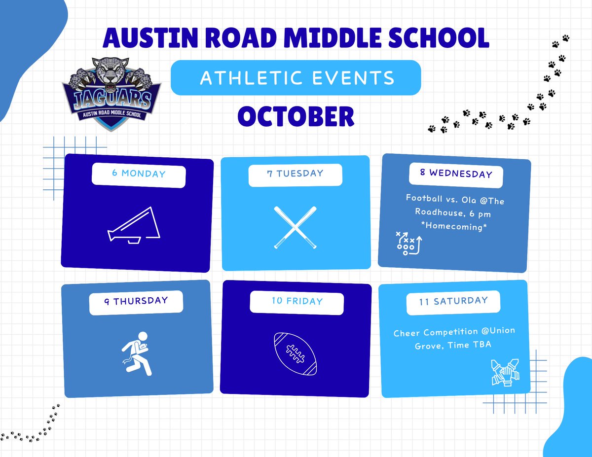 AustinRoad_100's tweet photo. 🏈 ARMS Athletics Update 🏈 
 It’s Homecoming Week! 🎉

🔥 Football: Wednesday 10/8 vs. Ola @ The Roadhouse | 6 PM

🤸‍♀️ Competition Cheer: Saturday 10/11 @ Union Grove | ⏰ Time TBA

💙 Let’s pack the stands and show our Jaguar Pride!

@LibraLBrittian @AOAddison_ @BWashing10 https://t.co/H08PZcBLGt