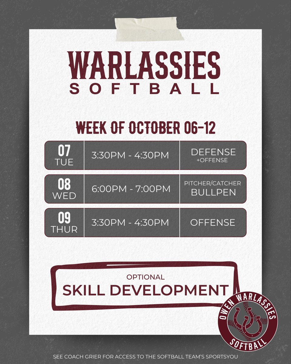 This week’s optional skill development schedule for OHS softball! 

Week of: 10/06 - 10/12

We saw some awesome progress at last week’s skill development and we’re excited to get back to work in the week ahead. Take initiative, set the tone, and lead by example!