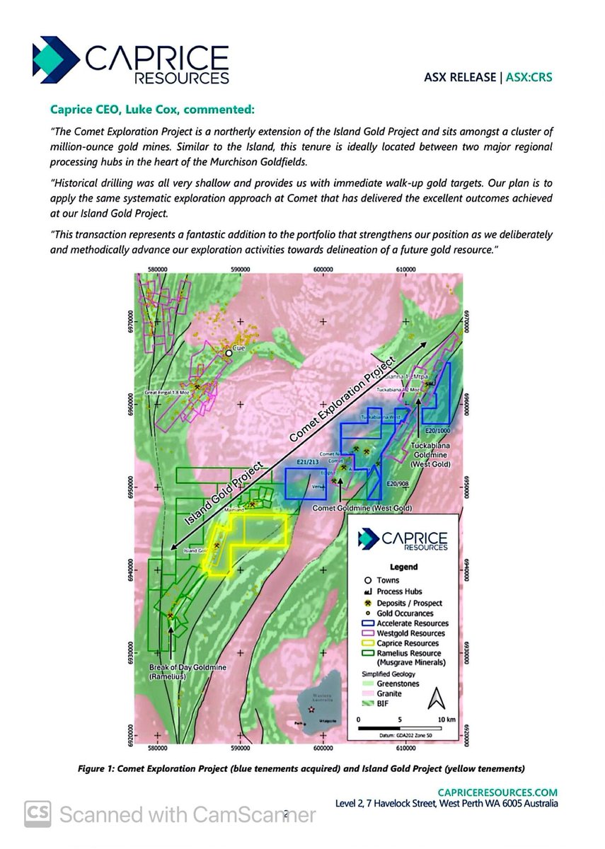 SalvadorMaurice's tweet image. #AX8 $CRS

CAPRICE BOOSTS #GOLD TENEMENT PORTFOLIO CONSOLIDATING 40 KMS OF GREENSTONE STRIKE

Caprice Resources Ltd is pleased to announce it has executed a binding earn-in agreement to acquire the Comet Exploration Project (Comet or the Project) from Accelerate Resources Ltd