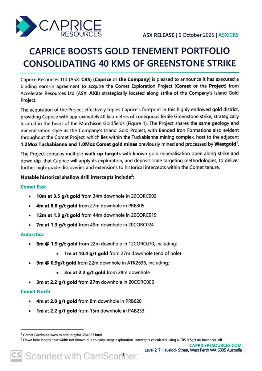 SalvadorMaurice's tweet image. #AX8 $CRS

CAPRICE BOOSTS #GOLD TENEMENT PORTFOLIO CONSOLIDATING 40 KMS OF GREENSTONE STRIKE

Caprice Resources Ltd is pleased to announce it has executed a binding earn-in agreement to acquire the Comet Exploration Project (Comet or the Project) from Accelerate Resources Ltd