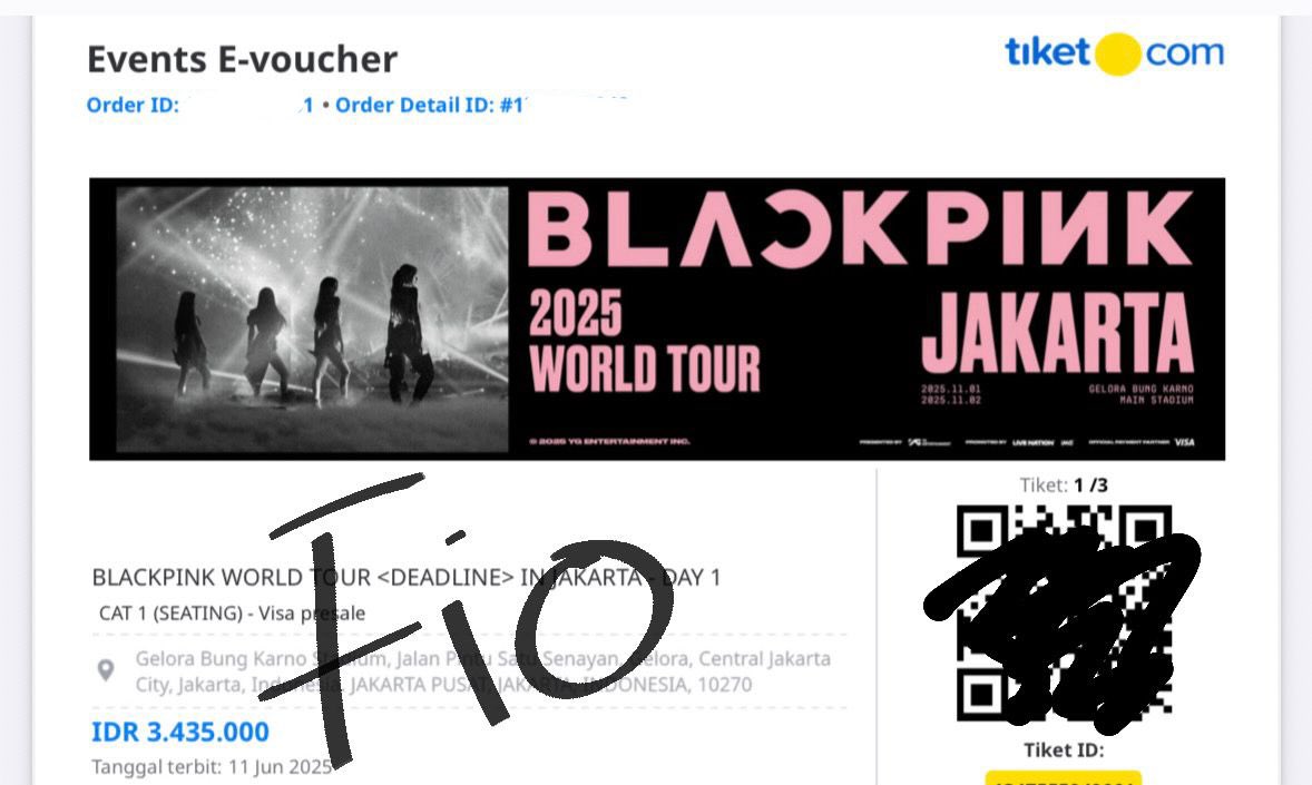 WTS BLACKPINK <DEADLINE> IN JAKARTA 2025

🎟 CAT 1 day 1 - Zone 06 Door 20-22, ROW 23, SN XX (1 tix)
🗓️DAY 1 (1 NOVEMBER 2025)
💰3.300.000 (negotiable)

proof lengkap, bisa dm aja yaa!
alasan dijual karena ada acara mendadak di hari H

wts wtb jual tiket blackpick jakarta