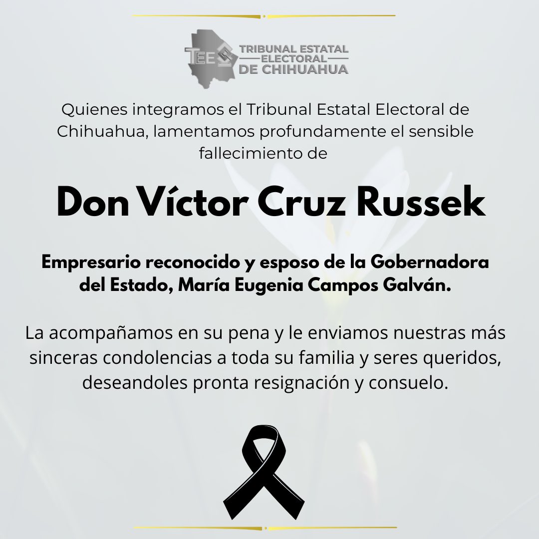 Lamentamos profundamente el sensible fallecimiento del empresario Don Víctor Cruz Russek, esposo de la Gobernadora del Estado <a href="/MaruCampos_G/">Maru Campos</a>.

Nuestro más sentido pésame, deseándole pronta resignación y consuelo. 

Descanse en paz.