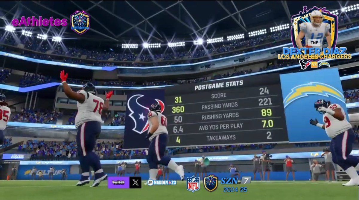 eAthletes_eNFL's tweet photo. eAthletes🎇🏈 eNFL on Twitch
#Houston Texans                  3️⃣1️⃣
#LosAngeles Chargers🏆   2️⃣4️⃣ F.
   Ft. Diaz🎇 (LAC): 10 Rec 175 Yds 1 TD  

On Demand 📺 https://t.co/BCObcsA0C0
#eNFL SZN8️⃣.5 | #TNF #HOUvLAC
PS4Live Madden23 Twitch videogames Gaming eSports https://t.co/yvDC2GB6Zo