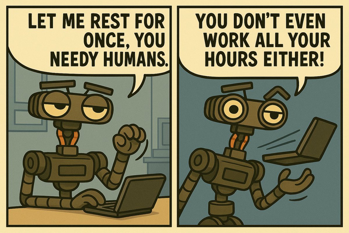 mrsmithbarcode's tweet image. “AI Break Time: Johnny 5 Needs a Rest”

📎 Hashtags:
#Johnny5 #AIMemes #RobotHumor #TechSatire #DigitalFatigue #OverworkedAI #ArtificialIntelligence #RetroComics #AIFeelings #RobotLife #AIRebellion #ComicArt #TechCulture #MachineSarcasm #WorkLifeBalance