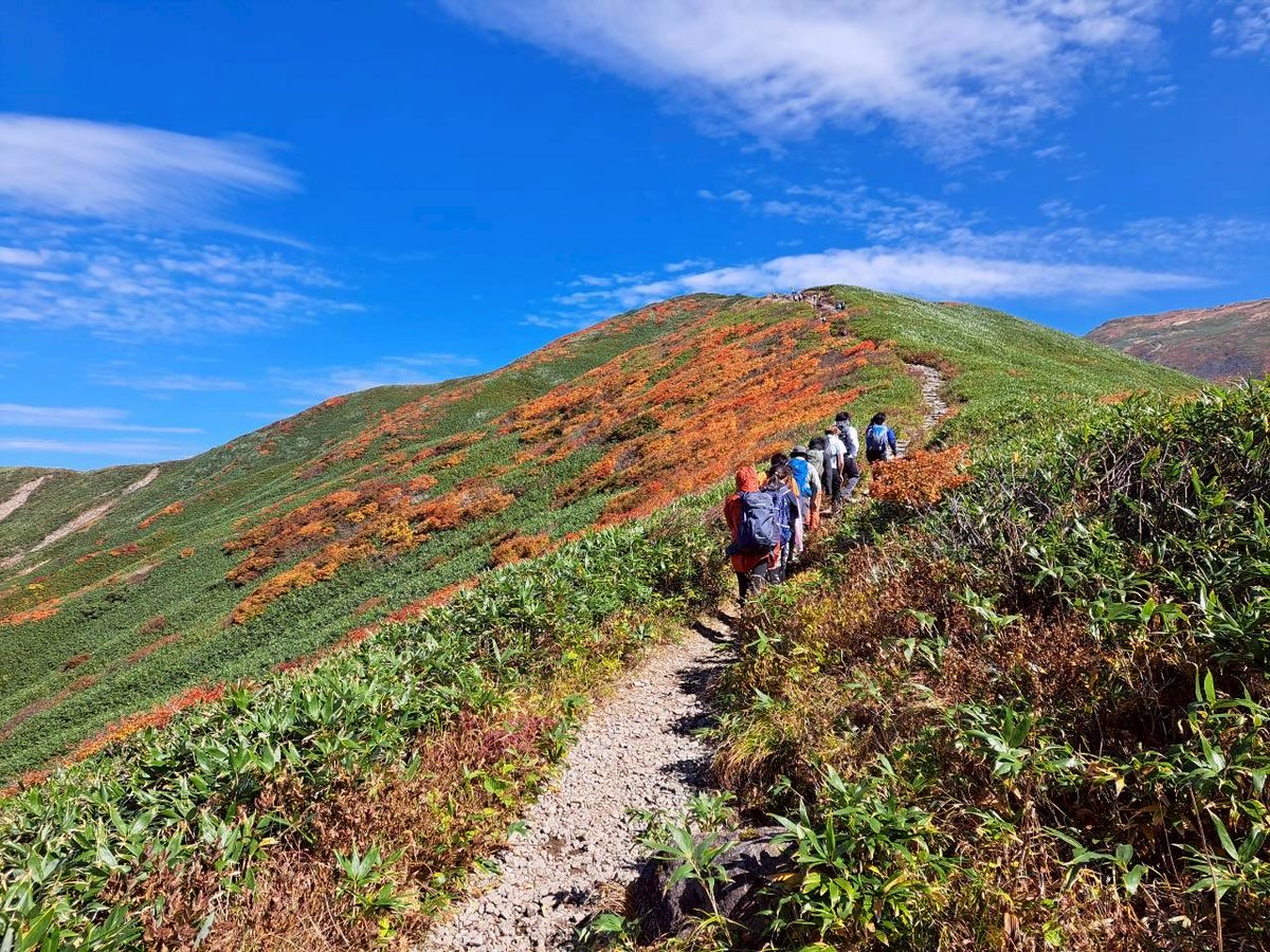 yamamedmt's tweet photo. 【活動報告】　10/4 月山(山形県)

山形が誇る名峰、月山に紅葉登山に行きました！
時期も良く多くの登山客で賑わい、
山肌を彩る紅橙黄緑の模様がとても素敵でした！
爆風を運び山頂を曇らす部長のお家芸がまたも繰り出されました！ https://t.co/K2AmaAkOm2