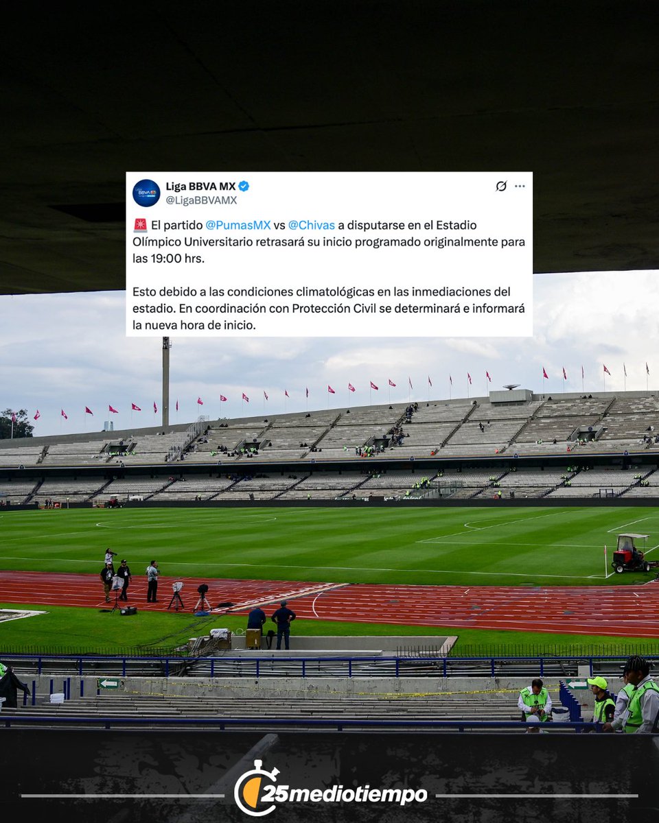 🚨¡ATENCIÓN!🚨

El Pumas vs Chivas se retasará debido a las condiciones climatológicas en el Estadio Olímpico Universitario

bit.ly/4pTIg9A
