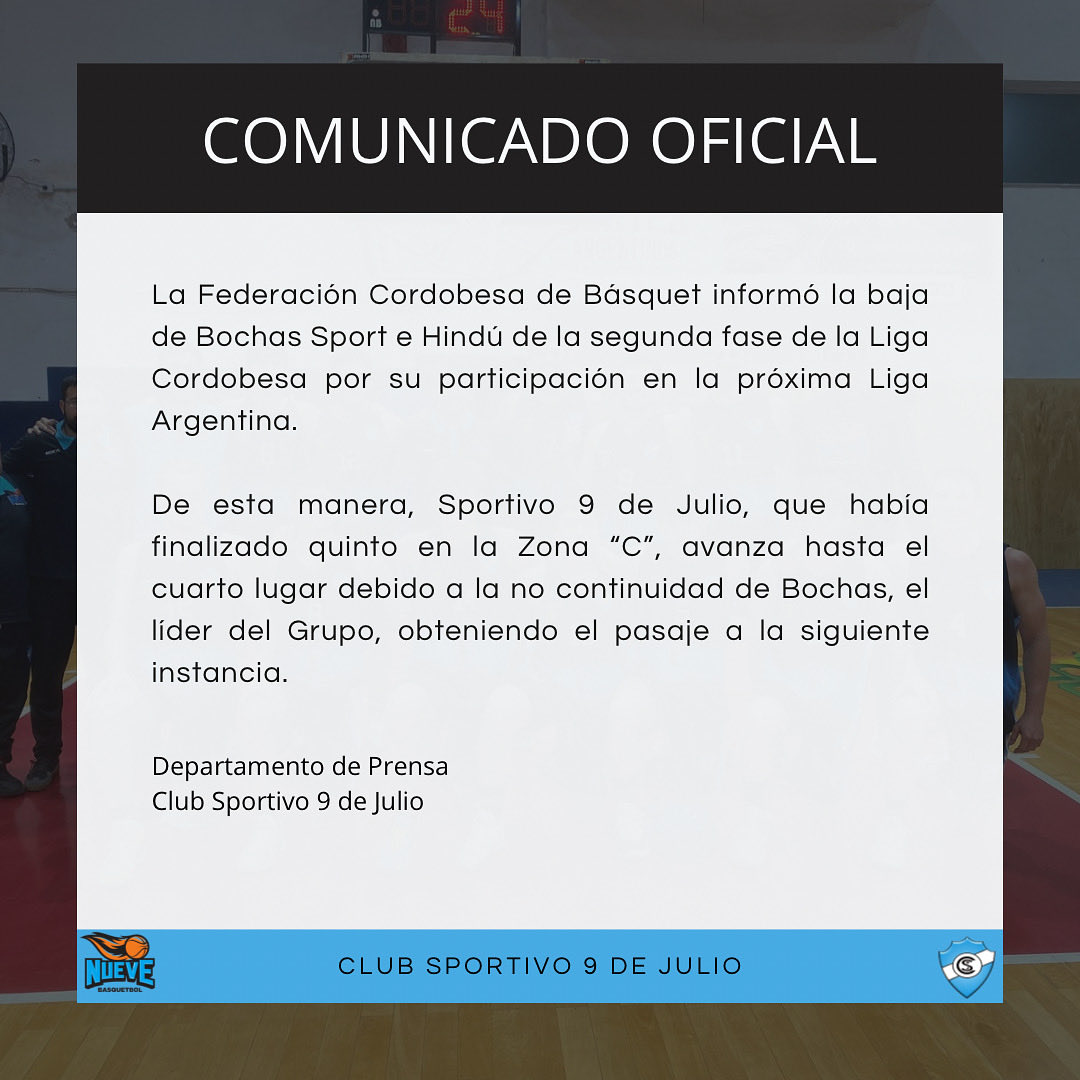 🚨 COMUNICADO OFICIAL: Nueve avanza a la próxima instancia de la Liga Cordobesa por la baja de Bochas Sport. 

#VamosNueve👊