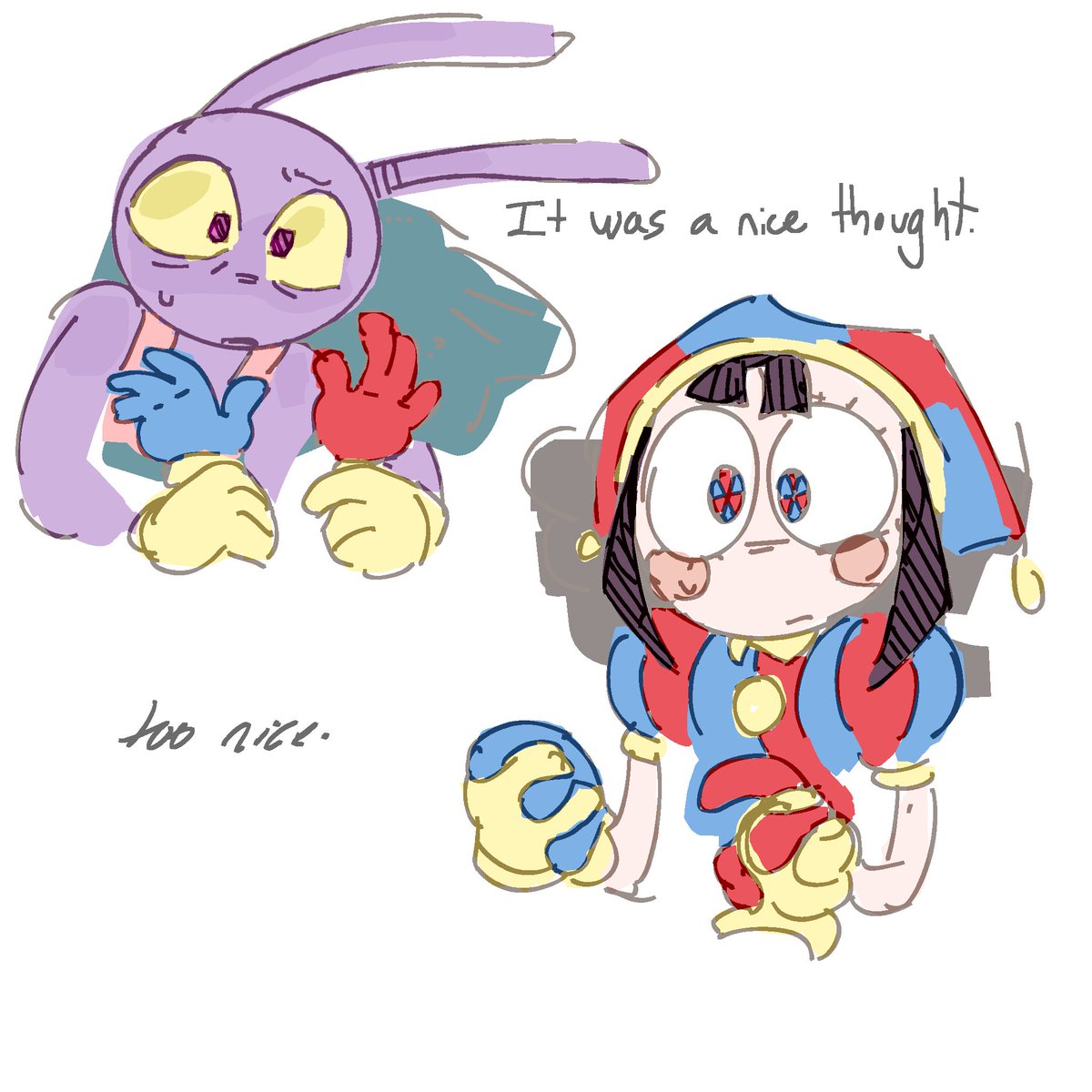 pickledbluey's tweet image. ITS FIVE PARTS BUT I CAN ONLY POST 4. Anyways, go read ‘I wish I could talk to you’ on Ao3 NEOW. This is from the newest chapter 😸 #funnybunny #jaxpom #pomnifanart #IWICTTY #jax