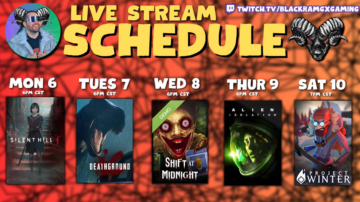 This Week's Schedule!
- Silent Hill F (Part 5)
- [New DINO HORROR] Deathground
- [Demo Day] Shift at Midnight 
- Alien Isolation (Part 4)
- [Fun Fridays with Friends] Project Winter 

twitch.tv/blackramgxgami…