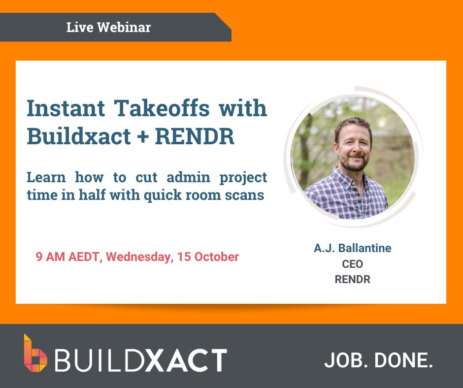 Buildxact's tweet image. Kiss the tape measure goodbye! Join us on Wednesday, 15 Oct at 9 am AEDT to see how Buildxact + RENDR are transforming on-site measurements with LiDAR scanning. Register here: on.buildxact.com/WBN_25_10_MKTG… #construction #constructionestimating #estimatingsoftware