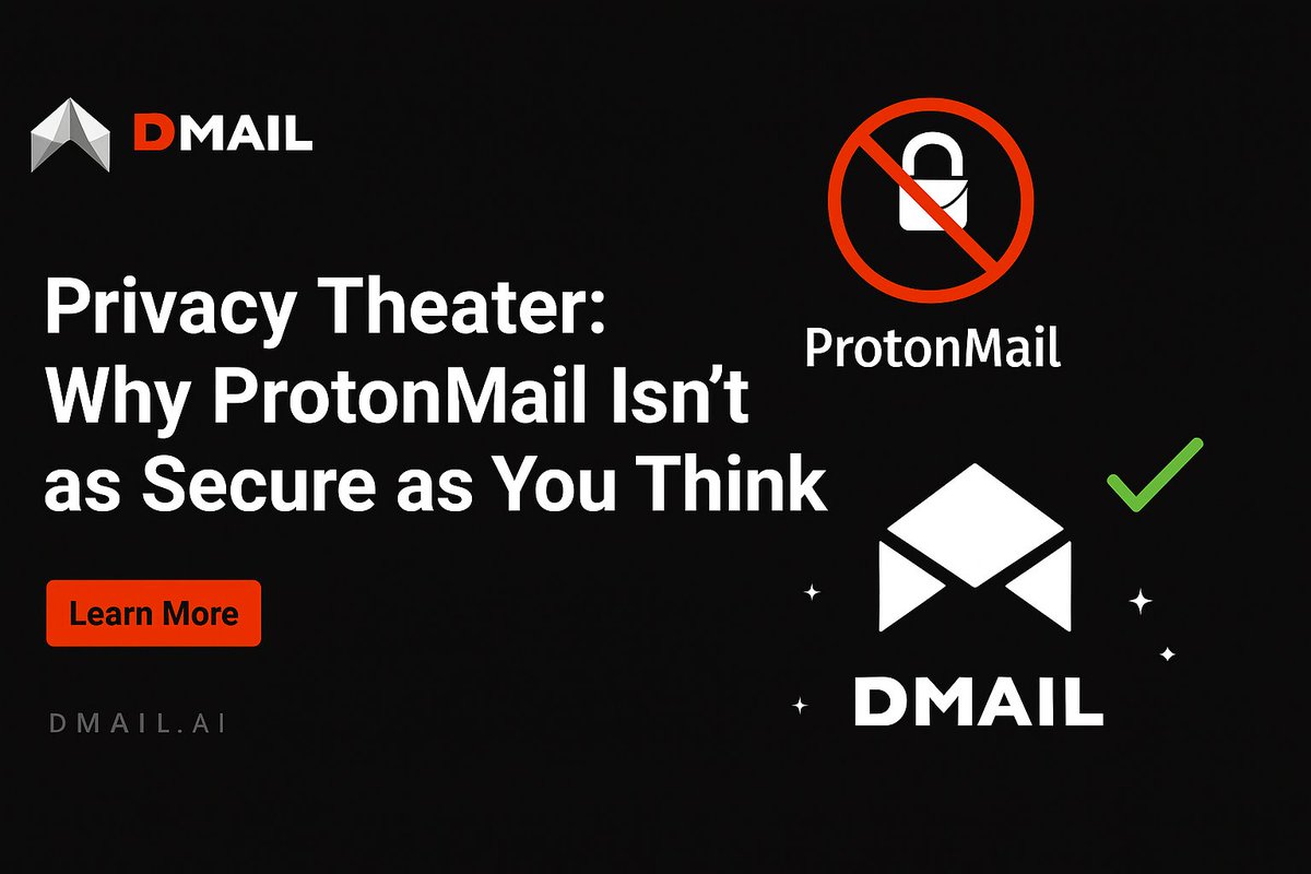🚨 Privacy Theater 🚨

ProtonMail isn’t the enemy. But it’s not the answer either.
A “mostly private” inbox is just a halfway house in a collapsing system.

Why settle for mostly secure when your identity deserves true privacy?

Read more 👉 blog.dmail.ai/privacy-theate…

#privacy