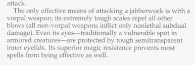 yaniism's tweet photo. @Artie_Pavlov These are the only two references to it in the two older cited sources. And the page already contradicts this source by saying that it's the only way to kill a Jabberwock not injure one. The page is already making untrue statements based on both the 2e &amp; 5e sources. https://t.co/19YngvaWqm