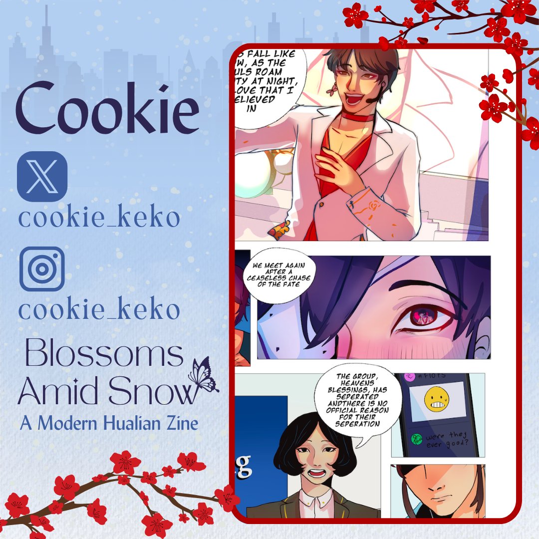 Blossoms Amidst Snow: a Modern Hualian zine (@hualianmodernau) on Twitter photo Our next wonderful page artist is the amazing <a href="/Cookie_keko/">Bea-hee hoo+ open in vgen!!</a>  with a fantastic comic we can't wait for you all to see!
Preorders are open through October 14th! 
🛒 blossomsamidstsnow.bigcartel.com
#tgcf #mxtx #zinepromo Our next wonderful page artist is the amazing <a href="/Cookie_keko/">Bea-hee hoo+ open in vgen!!</a>  with a fantastic comic we can't wait for you all to see!
Preorders are open through October 14th! 
🛒 blossomsamidstsnow.bigcartel.com
#tgcf #mxtx #zinepromo