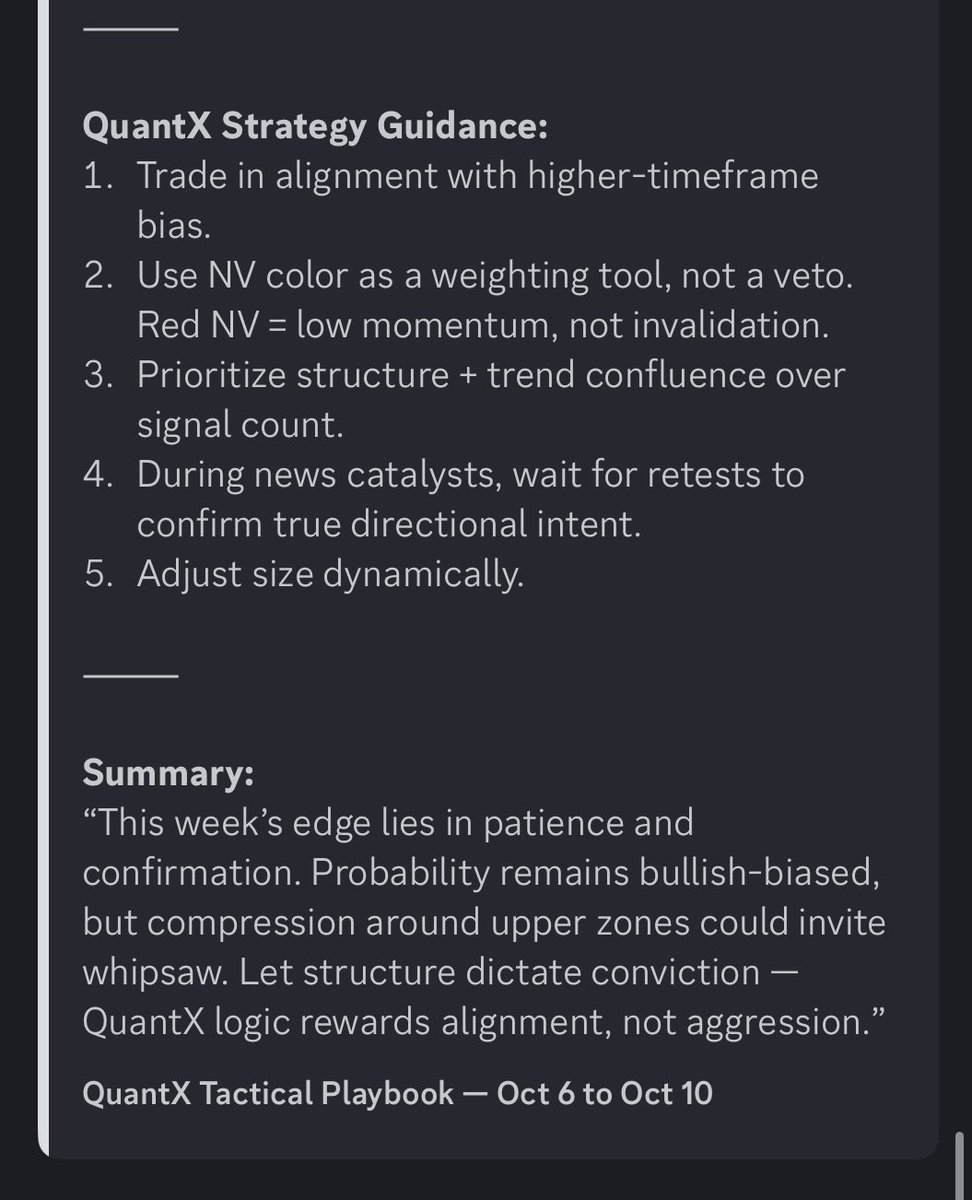 QuantXAlgorithm's tweet image. 📈 Weekly Market Outlook (Oct 6–10) now live in #market-updates.
QuantX logic rewards alignment, not aggression.
⚡ Access the full report in Discord now.
#QuantX #MarketOutlook #AlgoTrading #FuturesTrading