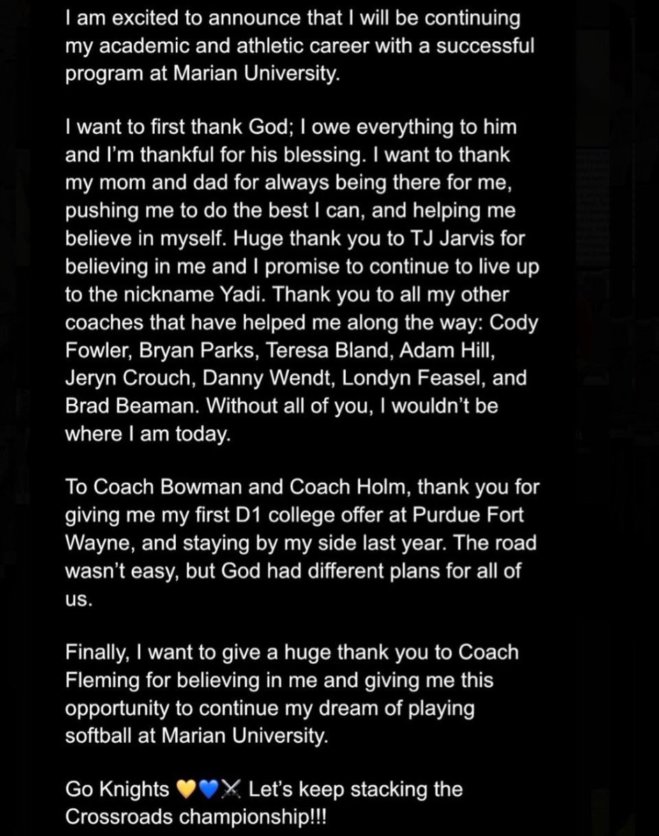 I’m committed!! Go Knights!! 💙💛⚔️
<a href="/MUKnights/">Marian Knights</a> <a href="/DCJarvis18u/">Demand Command Jarvis 18u</a> <a href="/MarianKnightsSB/">Marian Softball</a> 
<a href="/PHSladyquakers/">PHS Girls Soccer</a> 
<a href="/RedPride_SB/">Plainfield Softball</a>  <a href="/QuakerSports/">Plainfield Athletics</a> 
<a href="/DemandCommand/">Demand Command</a>