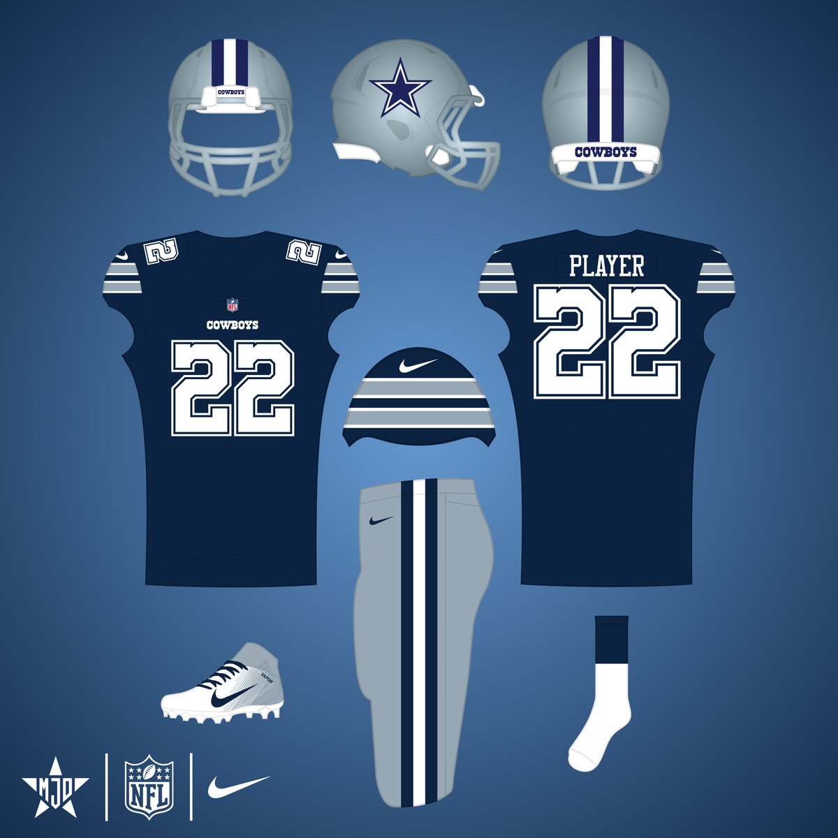 MJD7Design's tweet image. Dallas Cowboys:

The different shades of blue have honestly grown on me. I did unite to one shade of silver, went with the throwback font across the board, and similar striping on the primary white &amp;amp; navy jerseys. The navy throwback would be worn on Thanksgiving.

#DallasCowboys