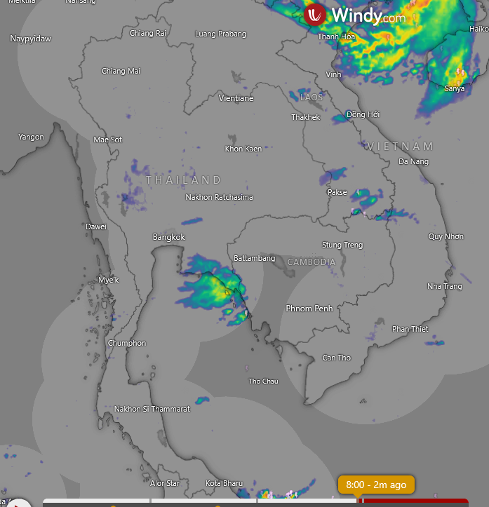 HelmutDuerrast's tweet image. 06 Oct 25 08:00 
RAIN (blue-green-yellow-red=higher intensity) for #Thailand #Bangkok and region; windy.com with RAIN radar from TMD.go.th         

&amp;gt;Enhanced #SWMonsoon     
&amp;gt;Some RAIN over E Thailand       
&amp;gt;STORM #MATMO brings RAIN further NE