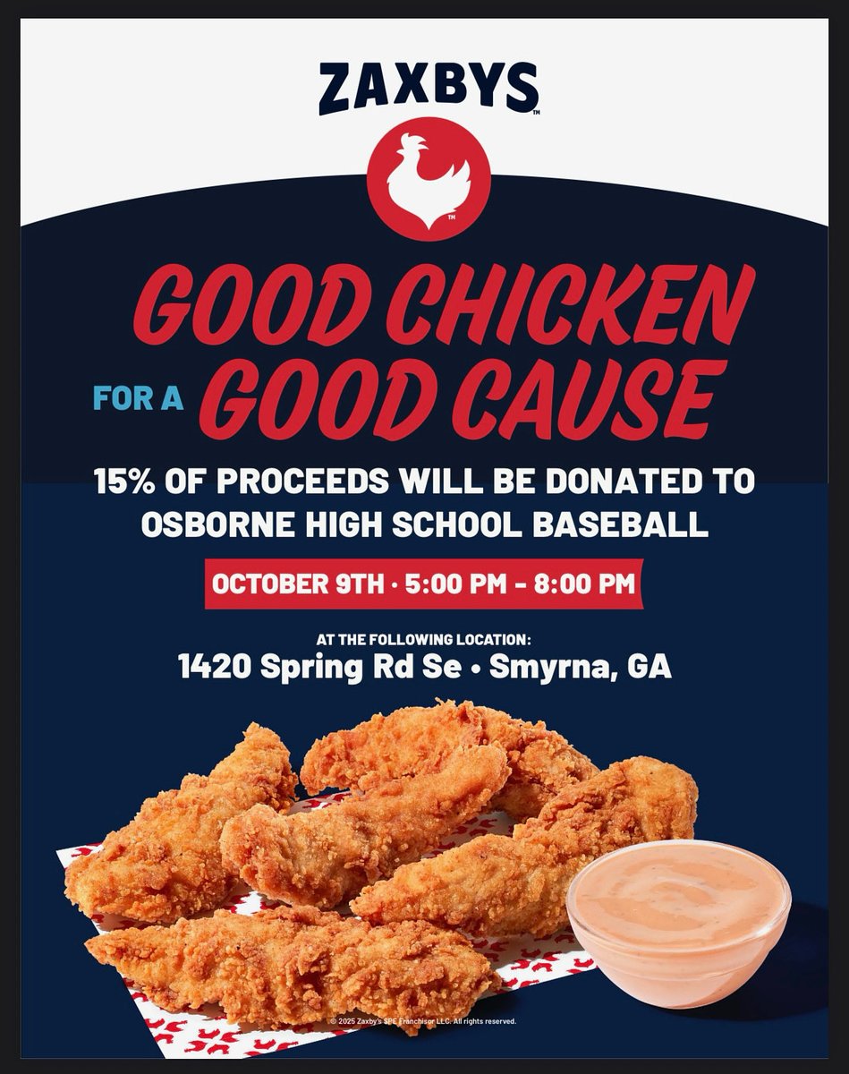 OsborneBaseball's tweet photo. What: Zaxby’s Spirit Night
When: Thursday October 9
Time: 5:00-8:00
Where: Zaxby’s Smyrna (Spring Road)
Why: because you like to eat and you like to support us 🐓 🐓 🍽️ 
(It’s a winner winner chicken dinner)
@rlosbornehs @osbcardinals @OsbornePrincip1 https://t.co/spuME9cdyM