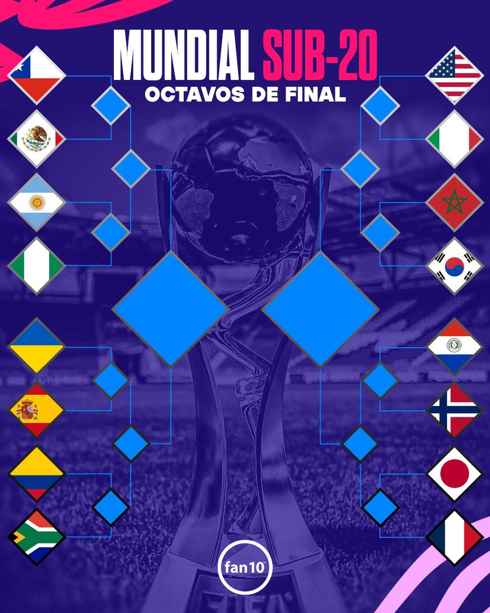 ¡OCTAVOS DE FINAL DEL MUNDIAL SUB20! 🏆✅

🇨🇱 Chile vs 🇲🇽 México
🇦🇷 Argentina vs 🇳🇬 Nigeria
🇺🇦 Ucrania vs 🇪🇸 España
🇨🇴 Colombia vs 🇿🇦 Sudáfrica
🇺🇸 Estados Unidos vs 🇮🇹 Italia
🇲🇦 Marruecos vs 🇰🇷Corea del Sur
🇵🇾 Paraguay vs 🇳🇴 Noruega
🇯🇵 Japón vs 🇫🇷Francia