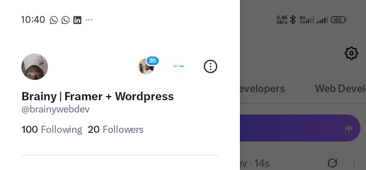 brainywebdev's tweet image. I was here last week, to those who unfollowed me, my God sees you 🥹.
Btw, were taking this to 100+ this week 😊
If you're a web developer, framer developer, uiux designer, wordpress developer, let's connect.