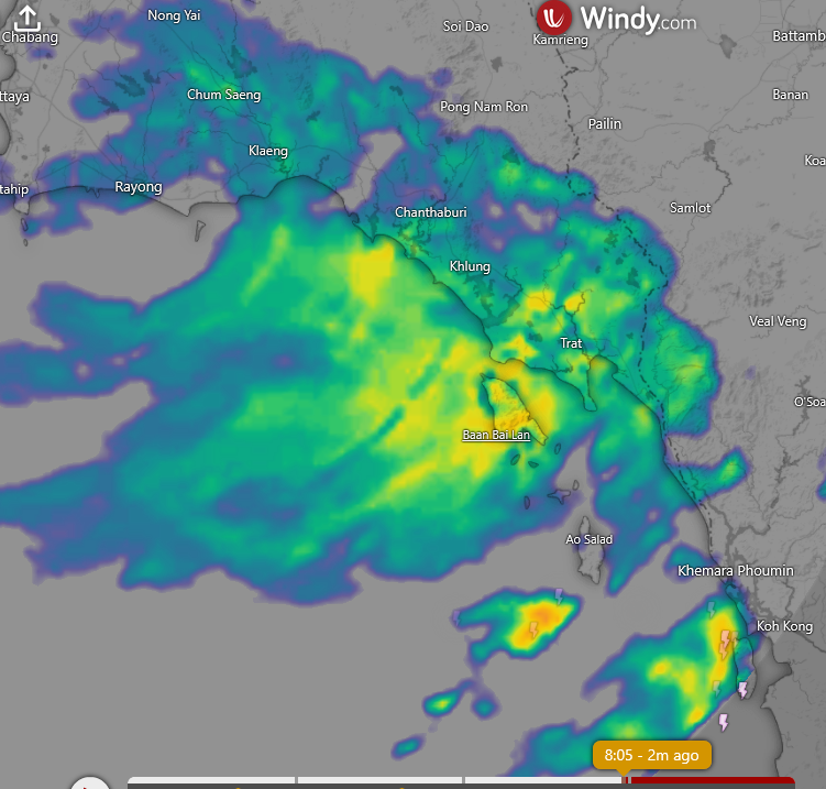 HelmutDuerrast's tweet image. 06 Oct 25 08:05 
RAIN (blue-green-yellow-red=higher intensity) for #Thailand #Bangkok and region; windy.com with RAIN radar from TMD.go.th         

&amp;gt;Enhanced #SWMonsoon     
&amp;gt;Monsoon RAIN over eastern parts